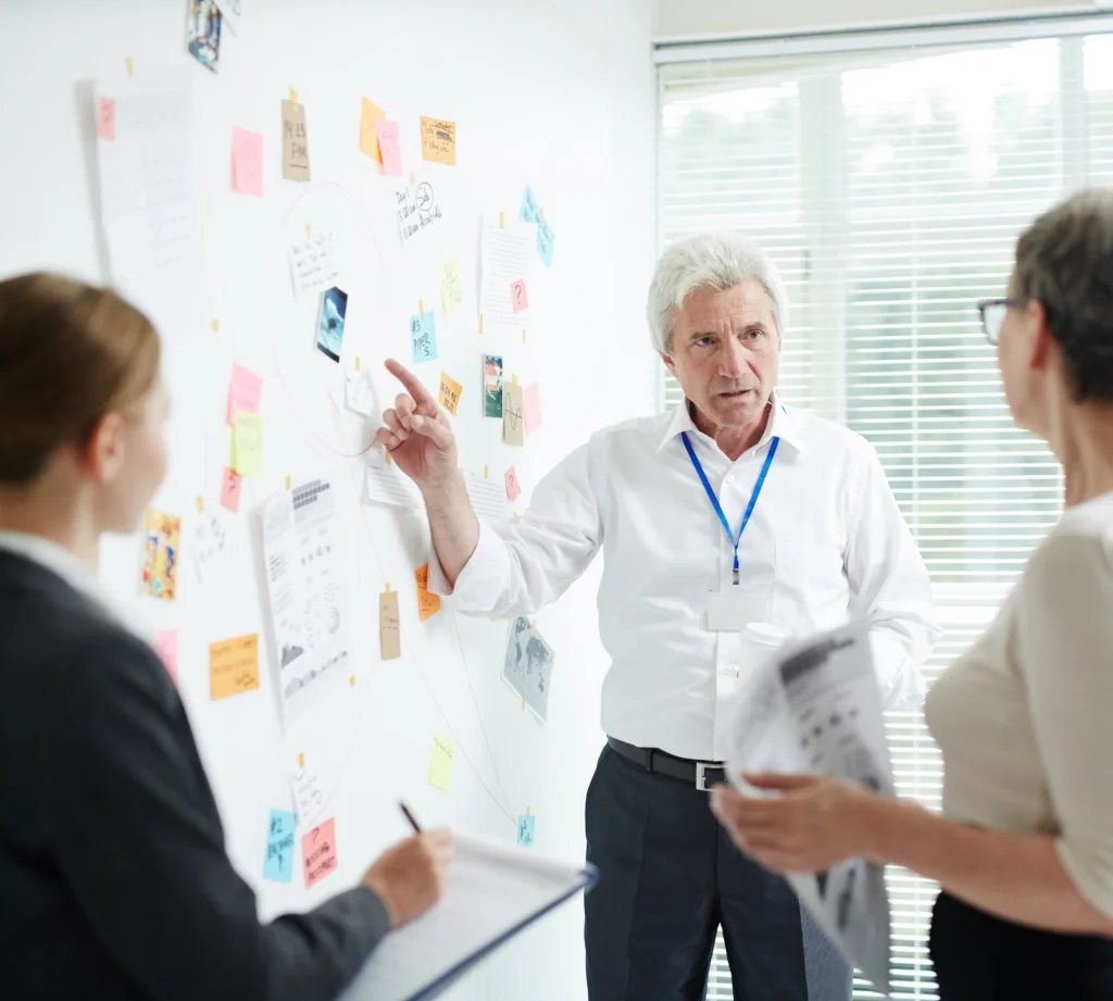 Team brainstorming with notes on whiteboard.