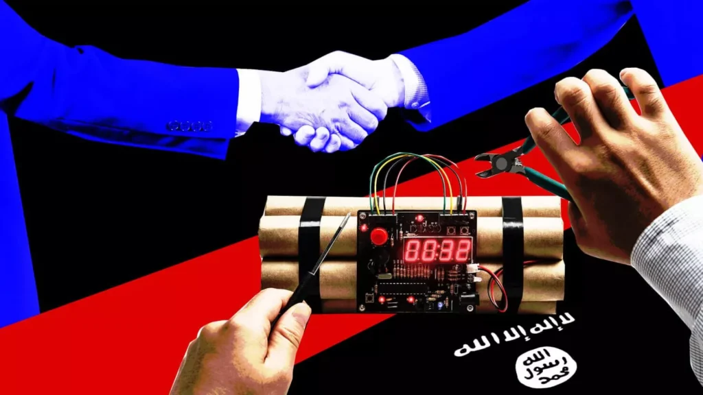 A person holding a ticking time bomb with a handshake in the background.