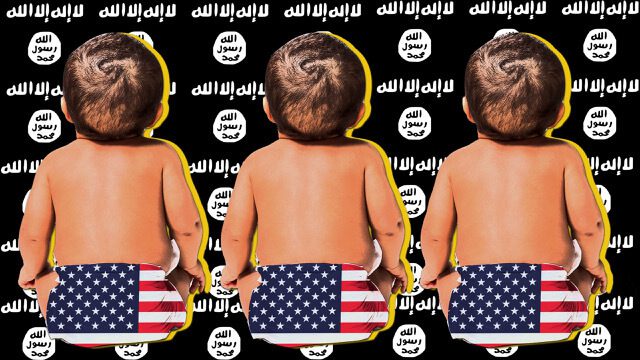 Three toddlers wearing American flag diaper covers stand with backs to the camera against a black background with Arabic script.