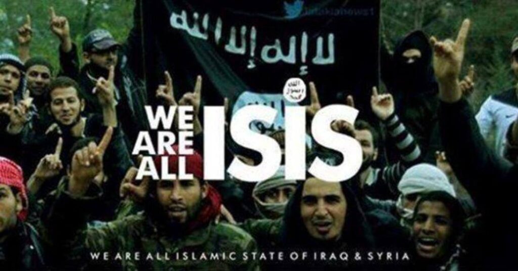 Protesters holding a flag with ISIS text and slogan.