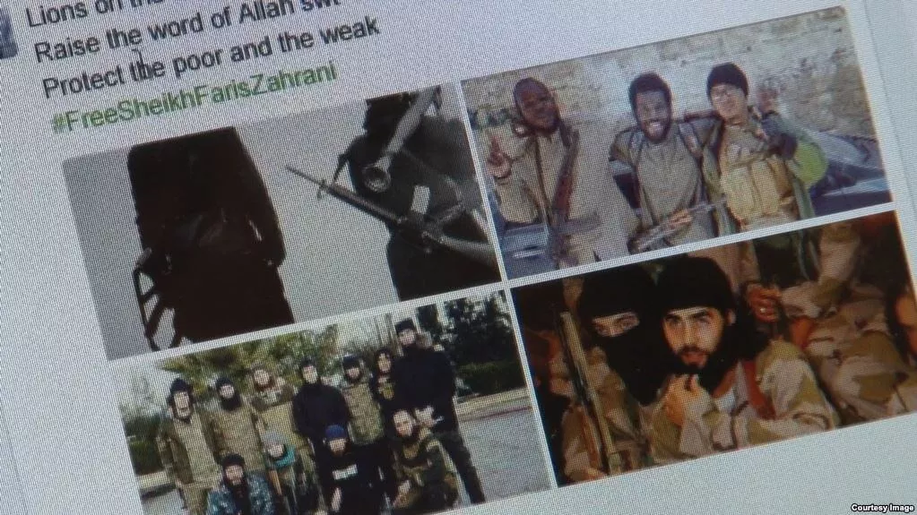 A collage of images depicting armed men in various poses and uniforms.