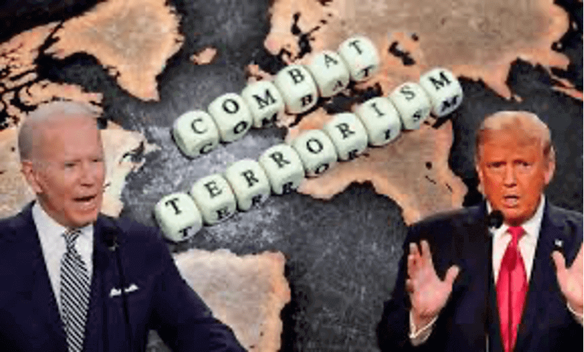 Dice spelling out 'Combat Terrorism' on a world map background.