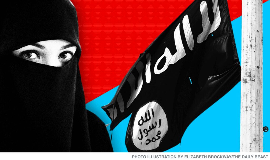 A woman in a niqab holding an ISIS flag with a red background.