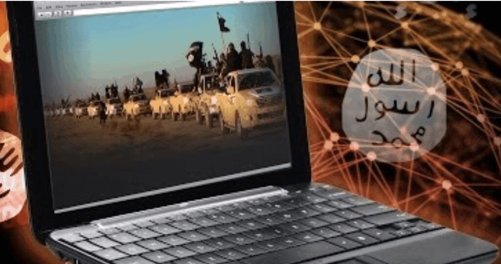 A laptop displays an image of a camel caravan at sunset with Arabic text beside it.