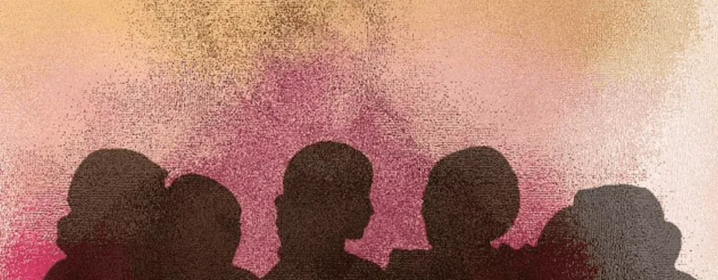 Silhouettes of three heads against a textured pink and gold background.