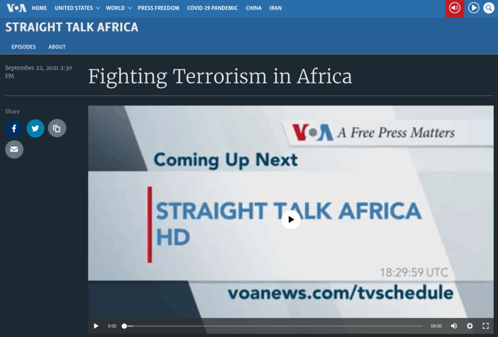 TV screen showing 'Fighting Terrorism in Africa' on VOA Straight Talk Africa HD.