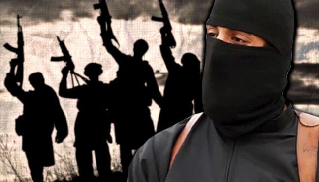 Silhouetted armed figures with one masked individual in foreground.