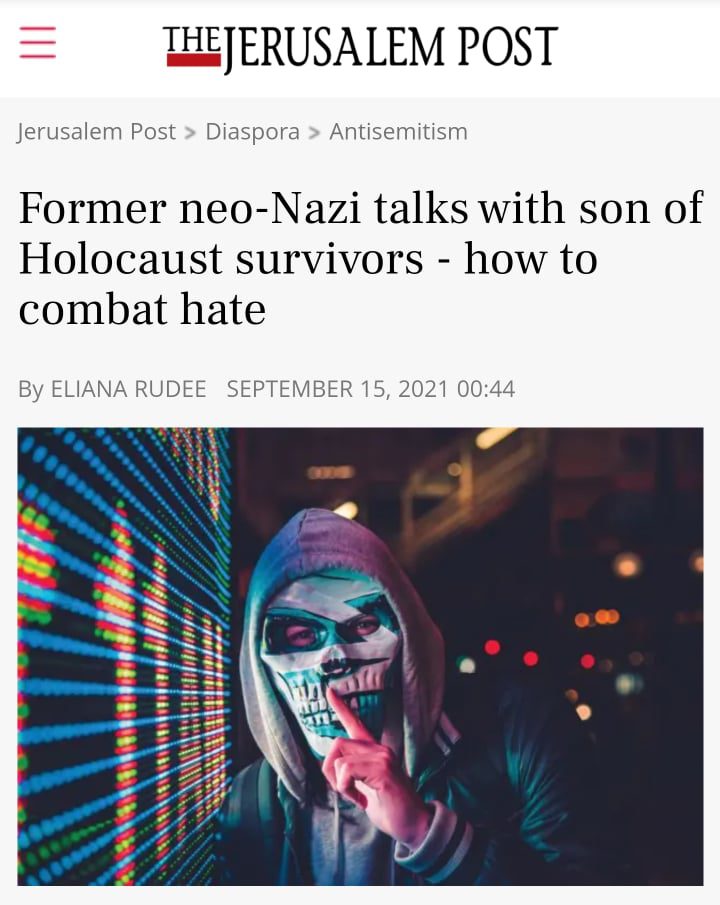 A masked former neo-Nazi speaks about combating hate with Holocaust survivors' sons.