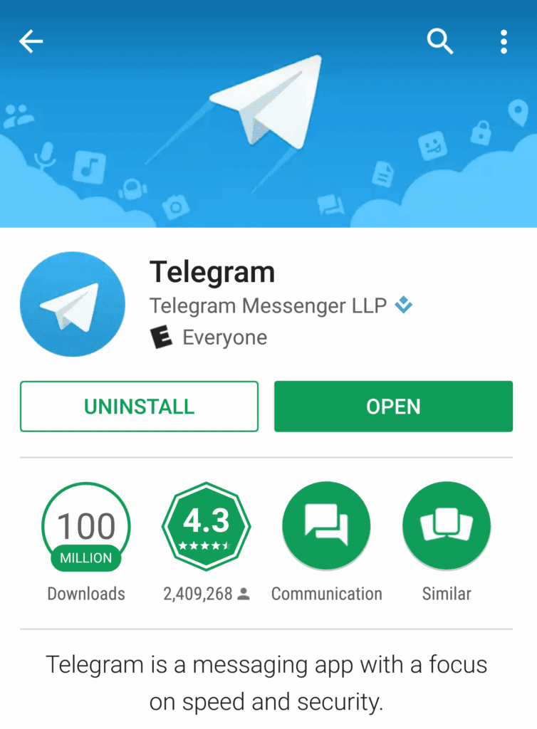 Telegram app page showing download stats and rating.