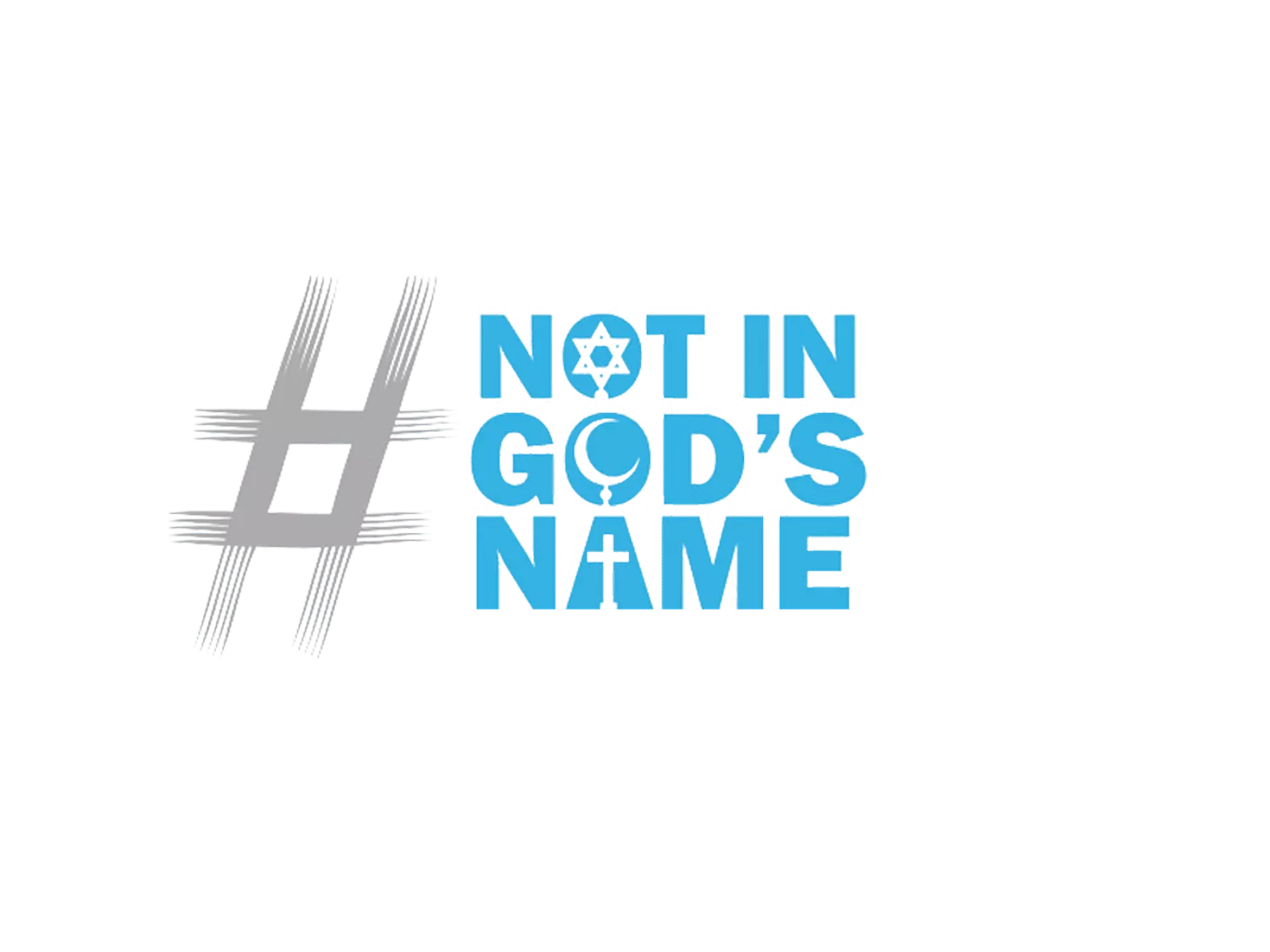 Hashtag symbol with text 'NOT IN GOD'S NAME' in blue and gray.
