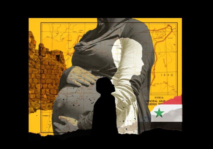 Silhouette of a child against a backdrop of a pregnant woman and the Syrian flag.