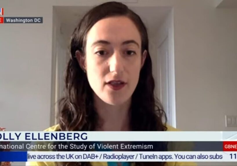 A woman speaks in a news interview about violent extremism.