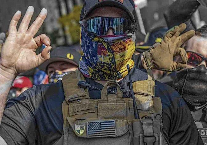 Person in tactical gear with a colorful face mask and making an OK hand gesture.