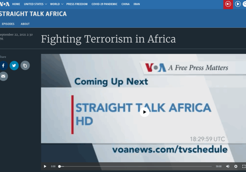 TV screen showing 'Fighting Terrorism in Africa' on VOA Straight Talk Africa HD.