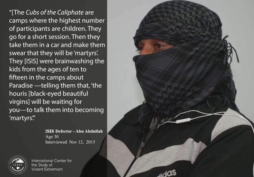 A person wearing a black headscarf with a quote about the impact of conflict on children.