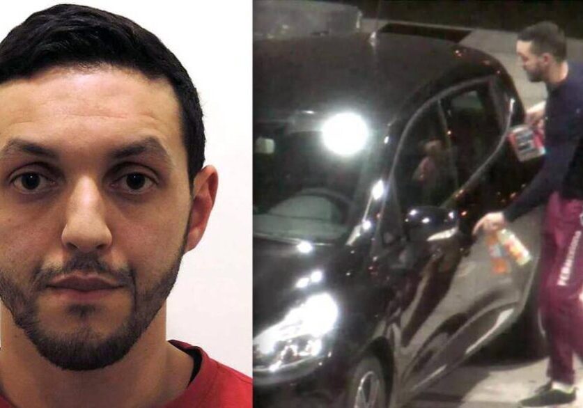 Mugshot of a man beside a photo of a small black car.