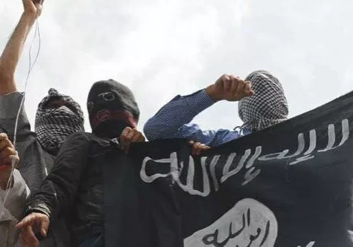 Masked militants holding black extremist flag
